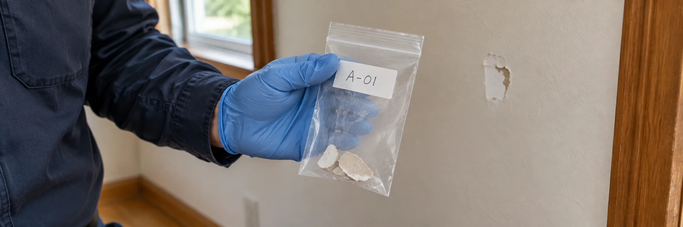 Mano con guante sosteniendo pequeños fragmentos irregulares de material de pared en una bolsa de recolección etiquetada