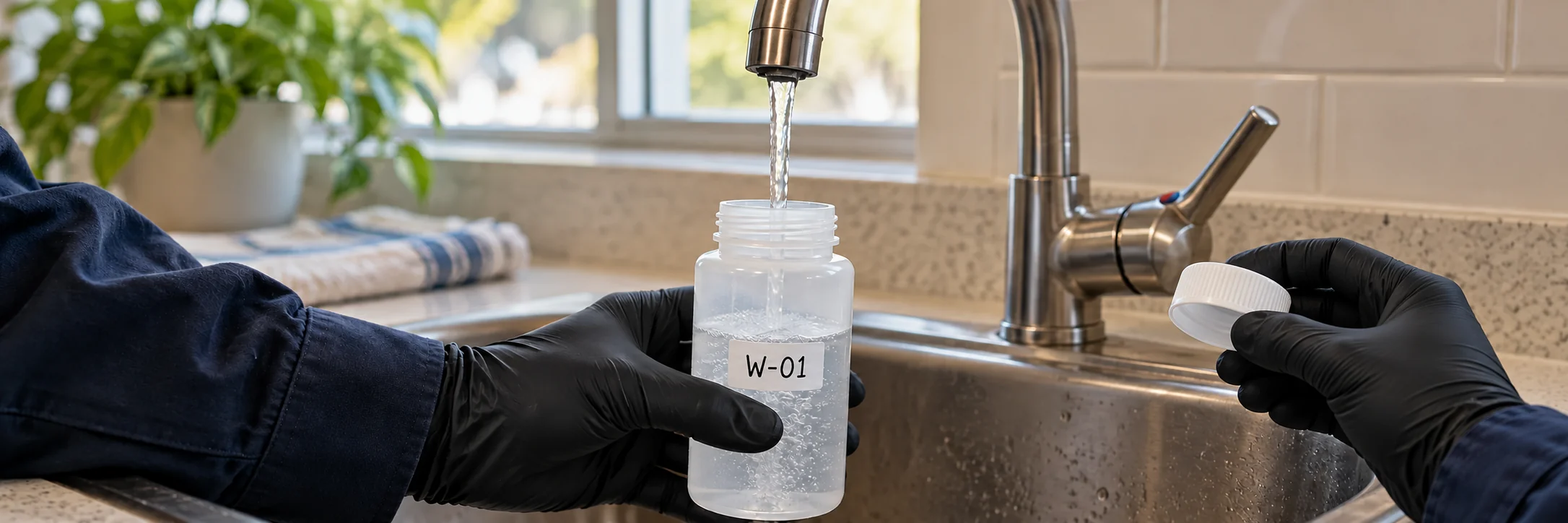 Mano con guante recogiendo una muestra de agua potable de un grifo