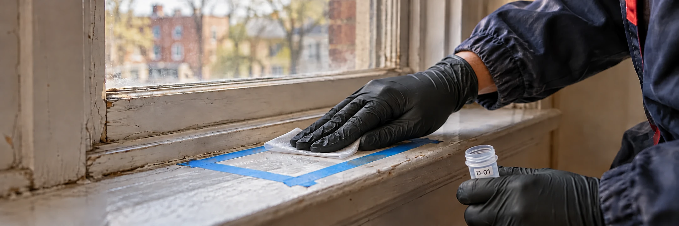 Mano con guante recogiendo una muestra de polvo con una toallita en un alféizar pintado