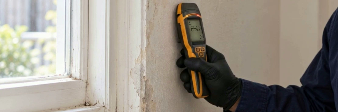 Gloved hand using a moisture meter with a segmented digital display against a wall near a window