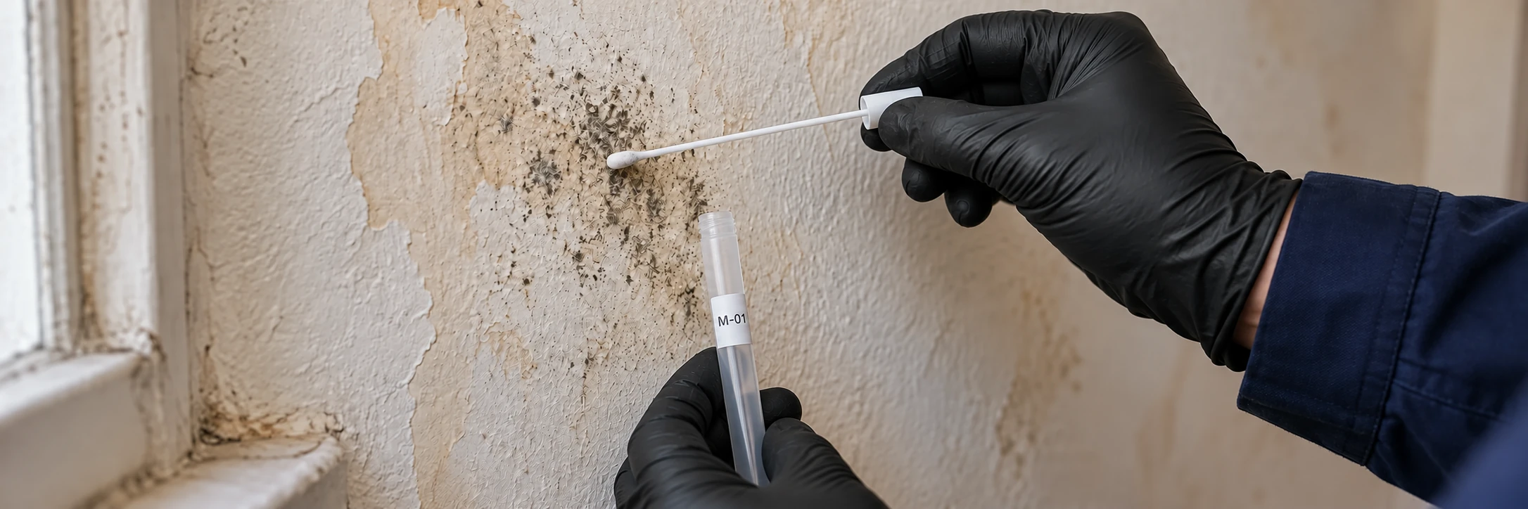 Manos con guantes recogiendo una muestra superficial junto a yeso afectado por humedad