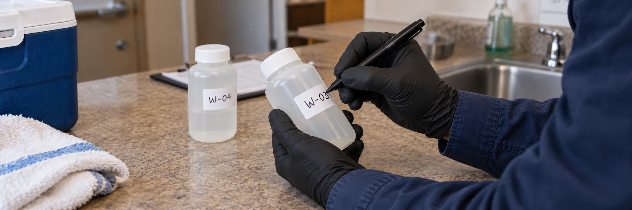 Manos con guantes etiquetando una botella cerrada con una muestra de agua potable