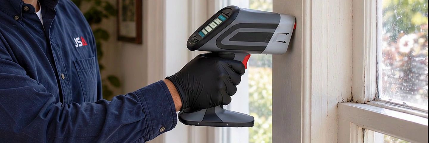 Gloved hand using an XRF analyzer with a color results screen against painted window trim