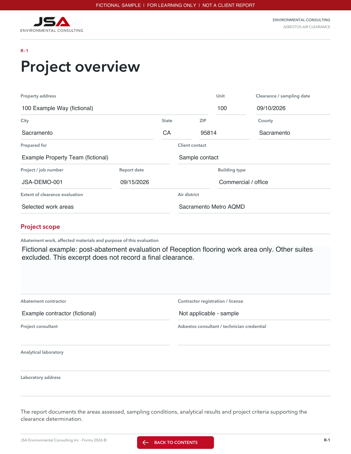 JSA Asbestos air clearance, Project overview; fictional entered values and explanations follow