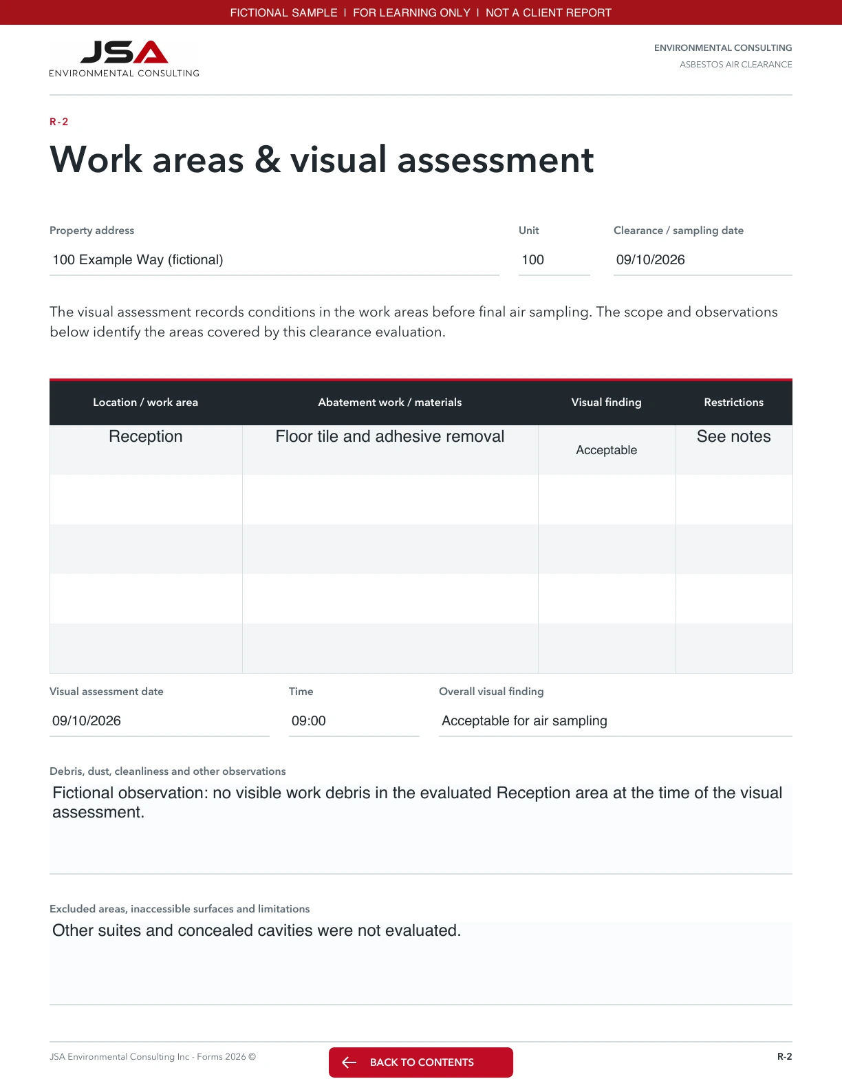 JSA Asbestos air clearance, Visual assessment; fictional entered values and explanations follow