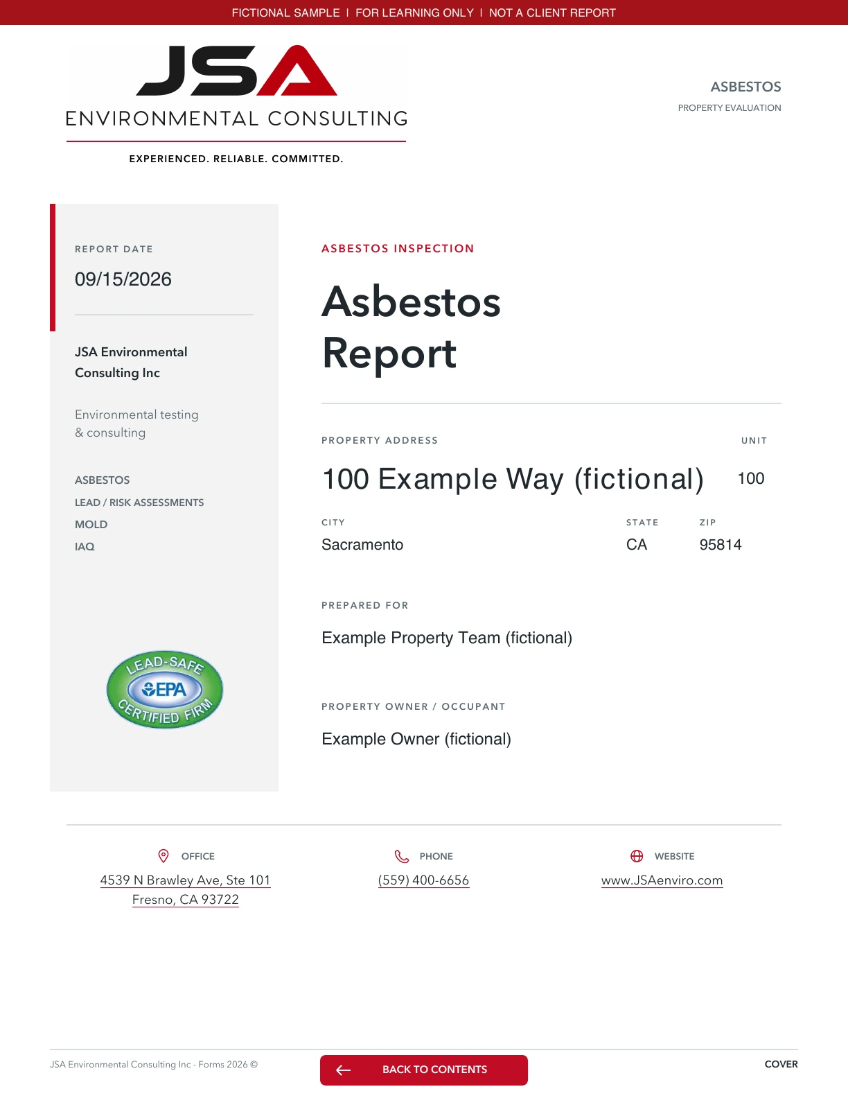 Portada de un informe de ejemplo de inspección de asbesto de JSA
