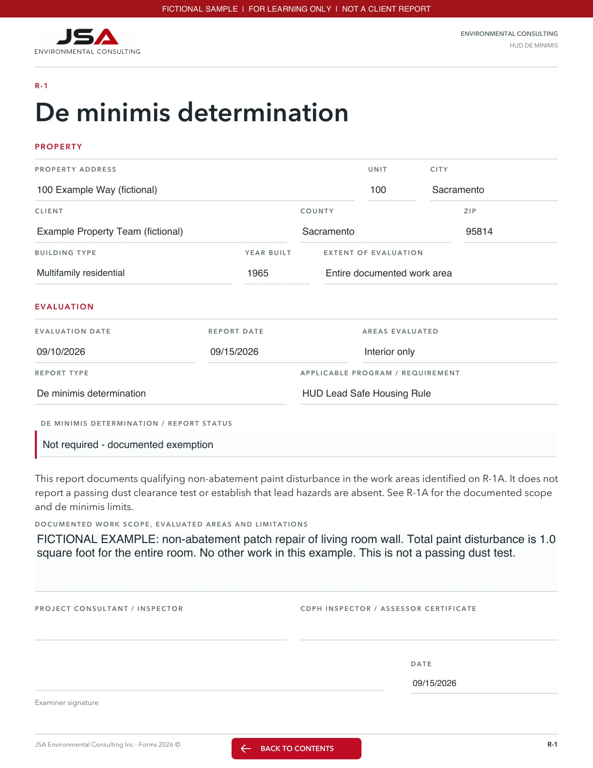 JSA HUD de minimis determination, Determination; fictional entered values and explanations follow