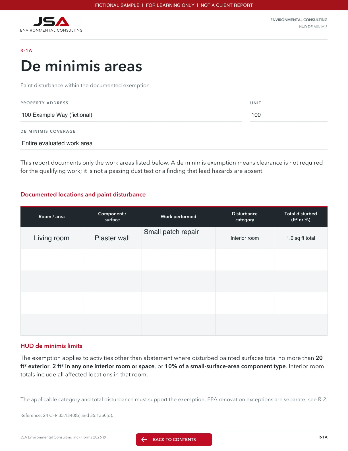JSA HUD de minimis determination, Documented disturbance; fictional entered values and explanations follow