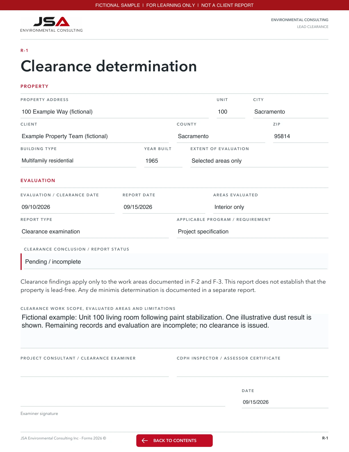 JSA Lead clearance, Clearance determination; fictional entered values and explanations follow