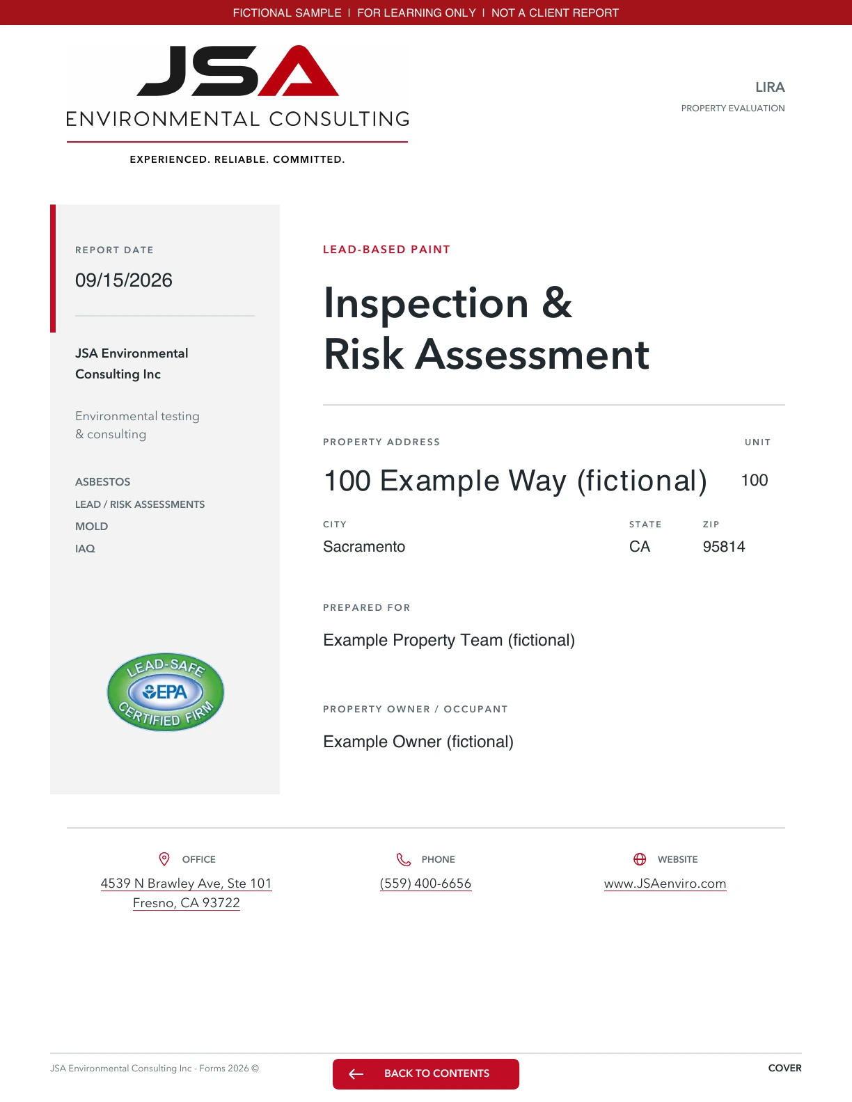 Fictional example on JSA’s Lead inspection & risk assessment cover